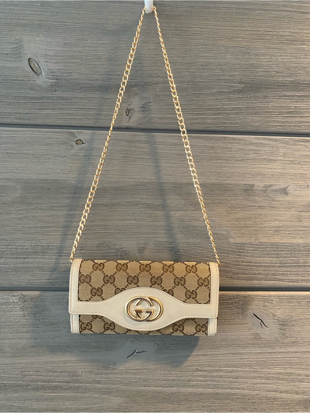 Authentic Gucci GG Brit Canvas Wallet with chain